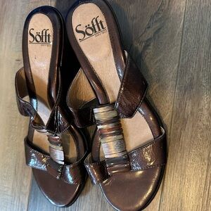 Sofft Women's Anita Sandal Size 7.5M Leather‎ Slip On Short Wedge Coppery Brown